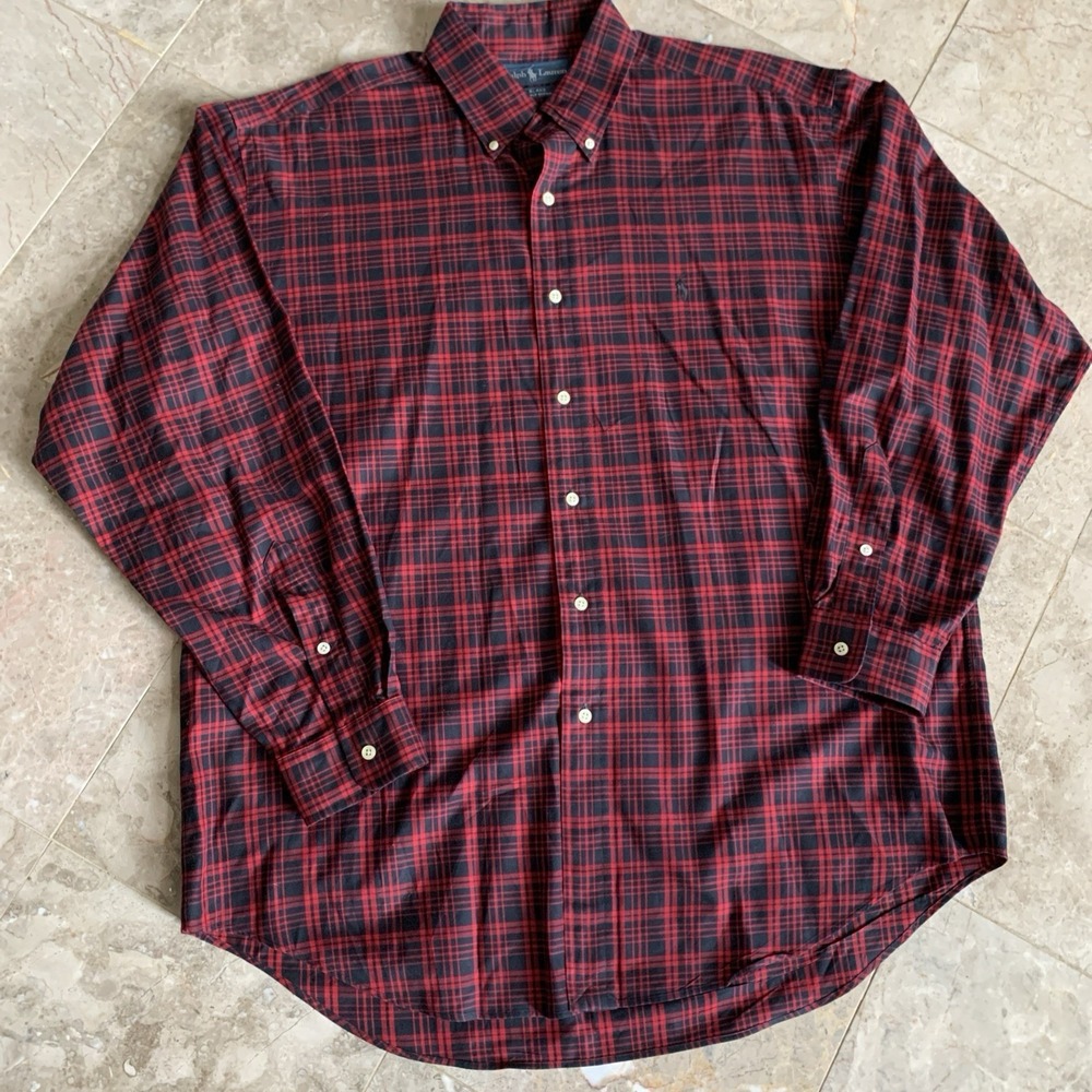 Ralph Lauren Blake Navy Red Plaid Long Sleeve Button Down Up Shirt Sz Large EUC